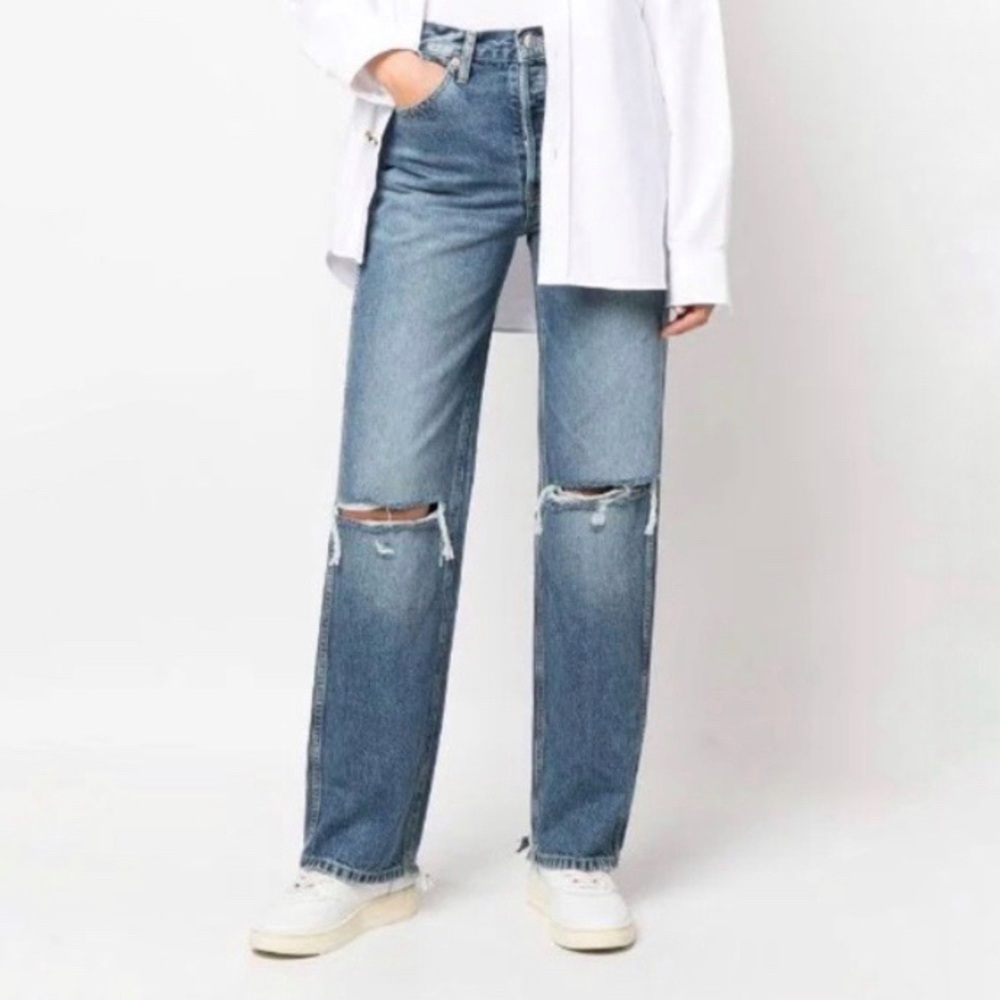 Re/Done 90s High Rise Loose Straight Leg Jeans Size 25 Destroyed Mar 100% Cotton